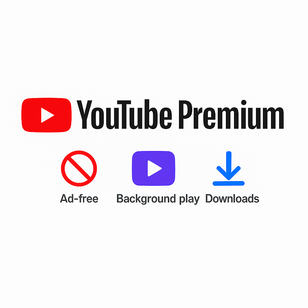 صورة اشتراك يوتيوب بريميوم سنة توضح مميزات YouTube Premium مثل بدون إعلانات، تشغيل بالخلفية، وتحميل الفيديوهات